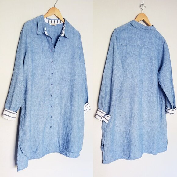 Soft Surroundings 100% Linen Lagenlook Chambray Blue Button Up Tunic Shirt 1X - Picture 15 of 16